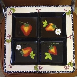 Square Handpainted Ceramic Strawberry & Floral Serving Dish w/ Four Sections